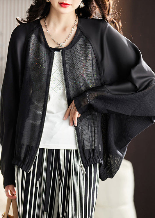 Loose Black Zippered Hollow Out Coats Batwing Sleeve Ac1001