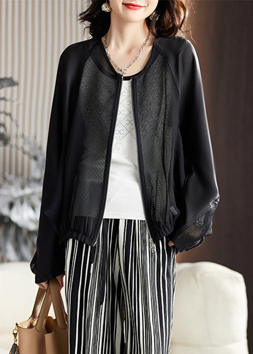 Loose Black Zippered Hollow Out Coats Batwing Sleeve Ac1001