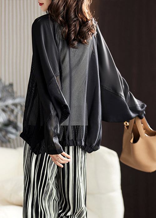 Loose Black Zippered Hollow Out Coats Batwing Sleeve Ac1001