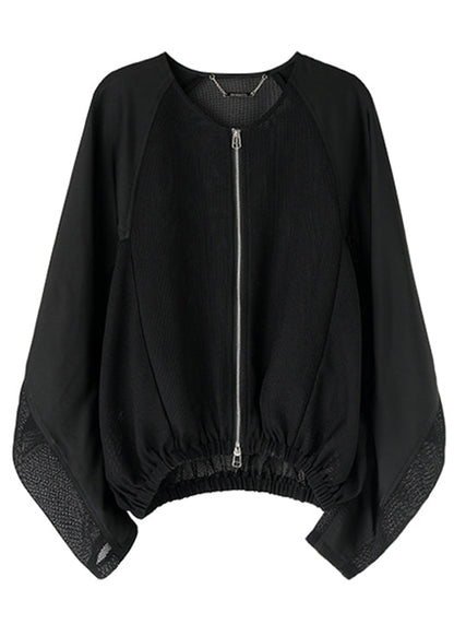 Loose Black Zippered Hollow Out Coats Batwing Sleeve Ac1001