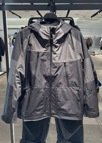Black Patchwork Hooded Coat Spring Loose Zippered Cotton