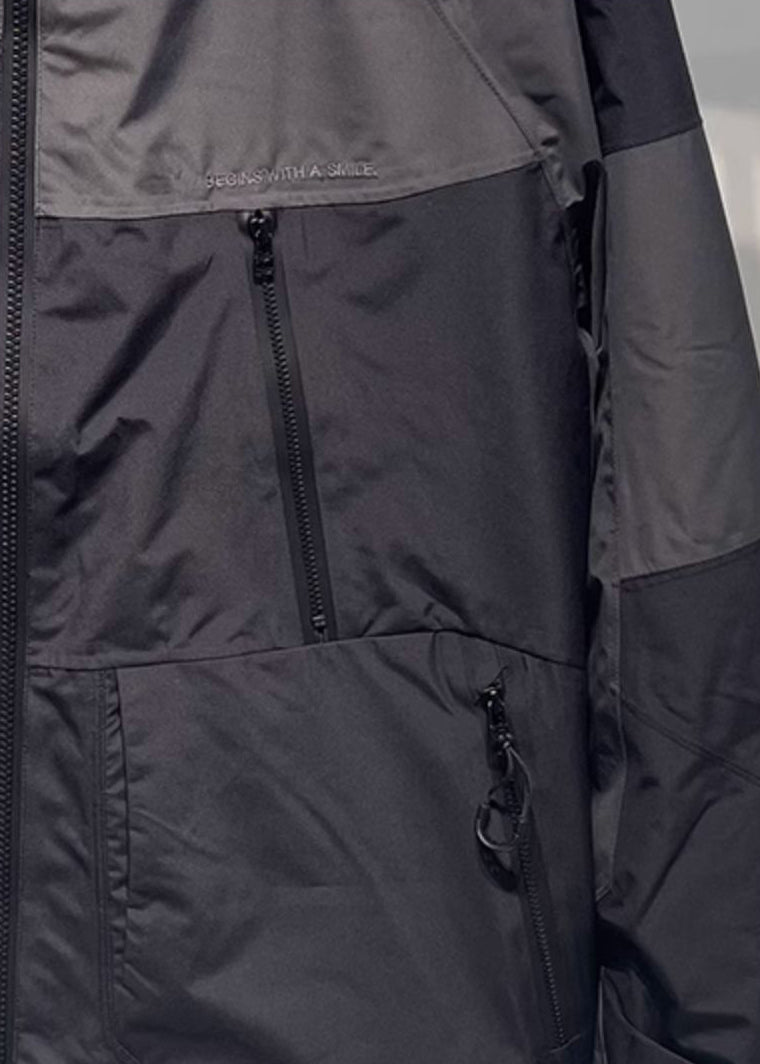 Black Patchwork Hooded Coat Spring Loose Zippered Cotton