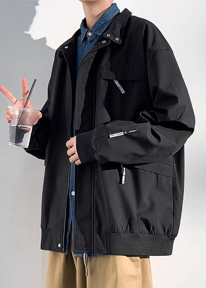 Coats Zippered Cotton Spring Black Pockets Loose