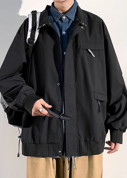 Coats Zippered Cotton Spring Black Pockets Loose