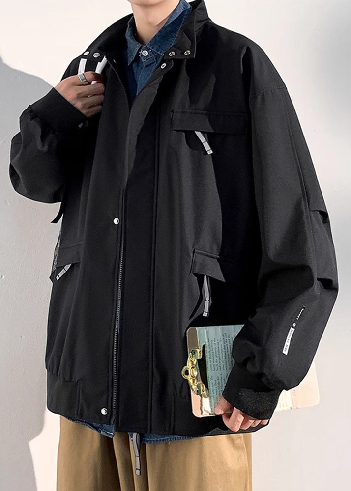 Coats Zippered Cotton Spring Black Pockets Loose