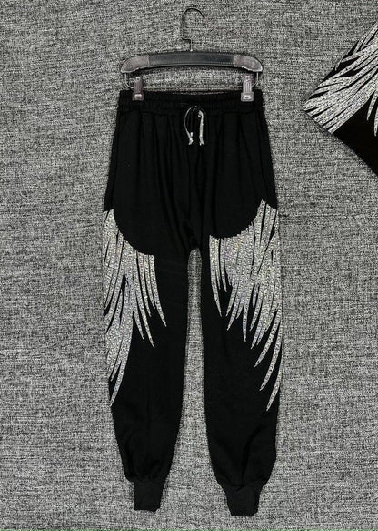 Loose Black Zircon Elastic Waist Cotton Crop Pants Fall Rk032