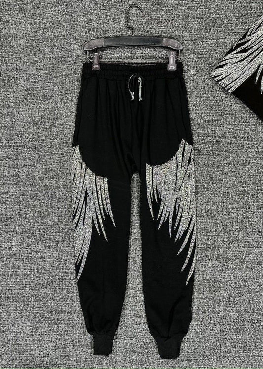 Loose Black Zircon Elastic Waist Cotton Crop Pants Fall Rk032