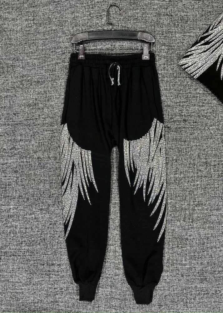 Loose Black Zircon Elastic Waist Cotton Crop Pants Fall Rk032
