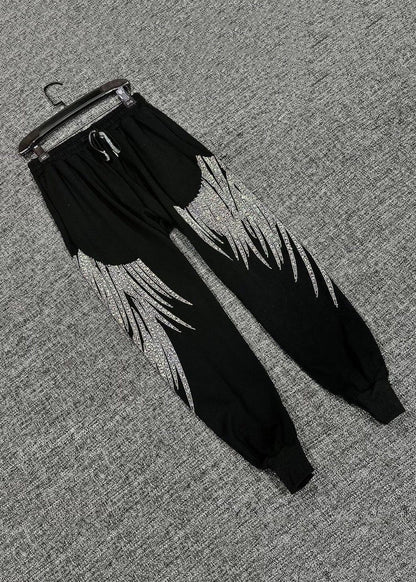 Loose Black Zircon Elastic Waist Cotton Crop Pants Fall Rk032
