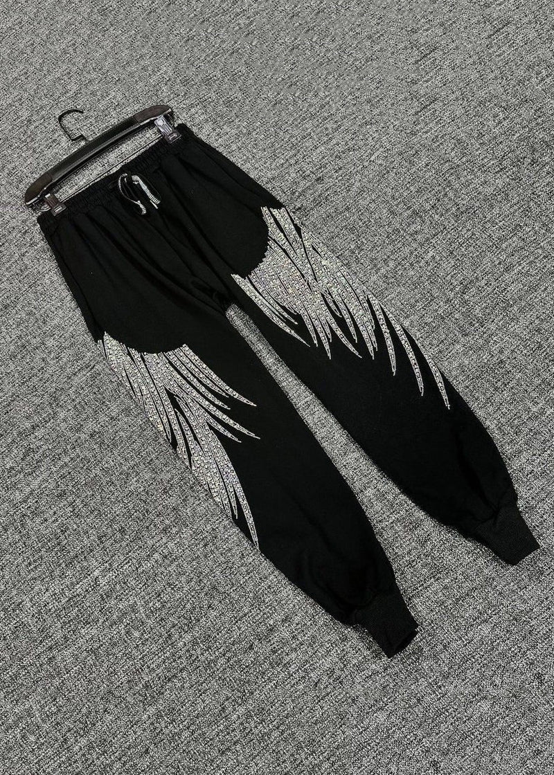 Loose Black Zircon Elastic Waist Cotton Crop Pants Fall Rk032