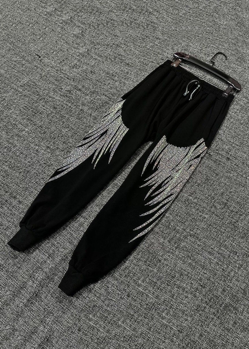 Loose Black Zircon Elastic Waist Cotton Crop Pants Fall Rk032