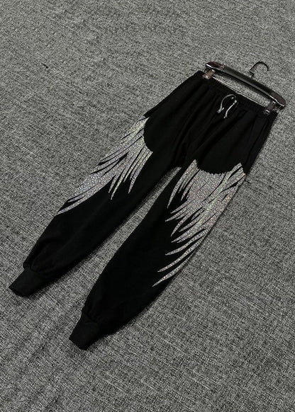 Loose Black Zircon Elastic Waist Cotton Crop Pants Fall Rk032
