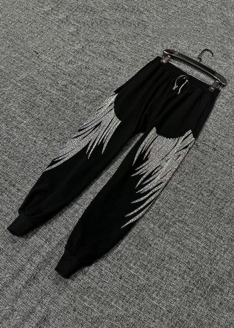 Loose Black Zircon Elastic Waist Cotton Crop Pants Fall Rk032