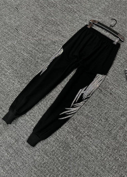 Loose Black Zircon Elastic Waist Cotton Crop Pants Fall Rk032