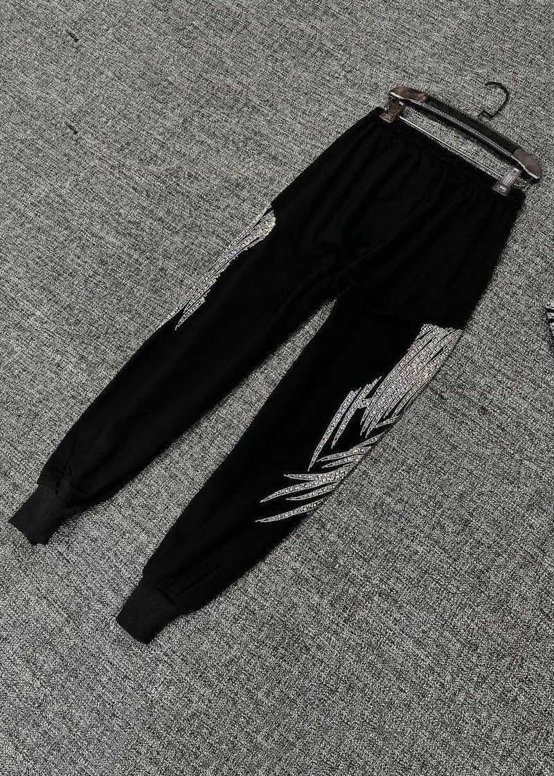 Loose Black Zircon Elastic Waist Cotton Crop Pants Fall Rk032