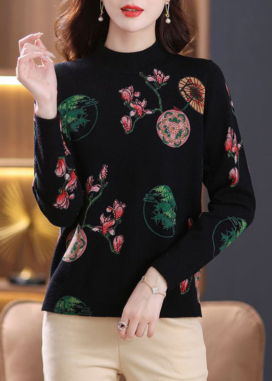 Loose Black Zircon Print Wool Knit Sweaters Spring Tb015