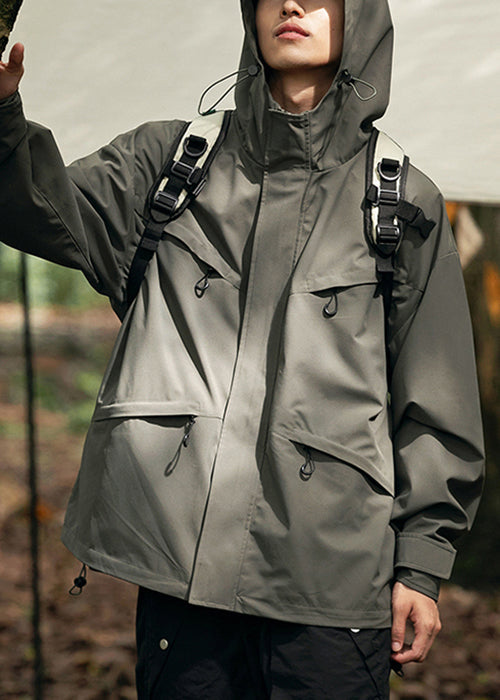 Coats Loose Pockets Zippered Hooded Cotton Green Blackish