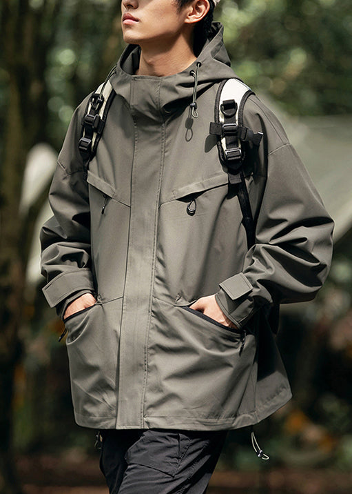 Coats Loose Pockets Zippered Hooded Cotton Green Blackish