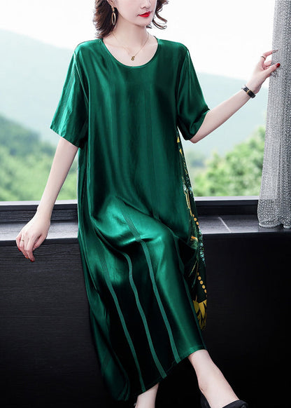 Loose Blackish Green O Neck Print Silk Long Dress Summer Op1049