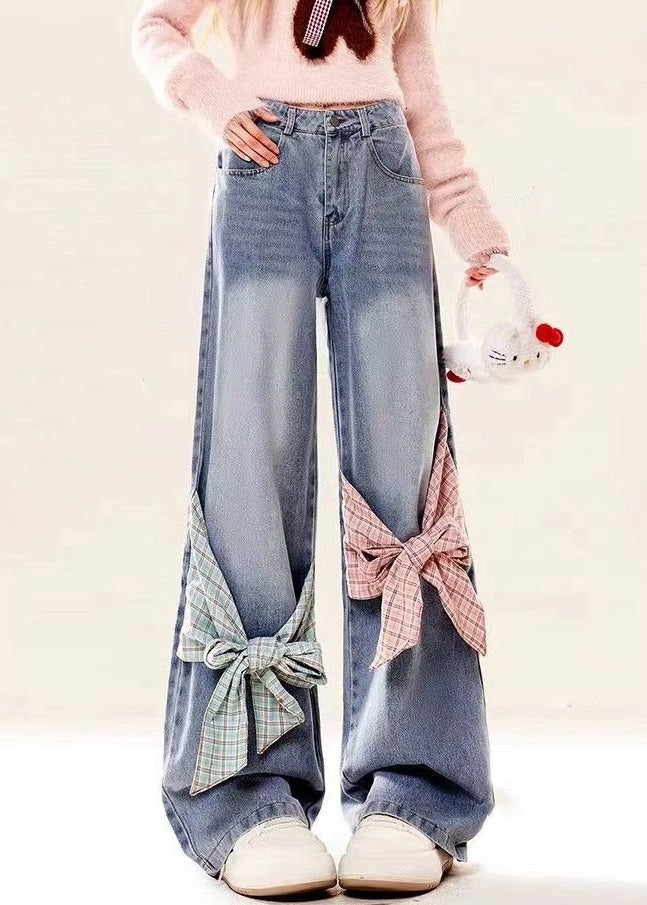 Bow Spring High Pockets Denim Pants Waist Loose Blue