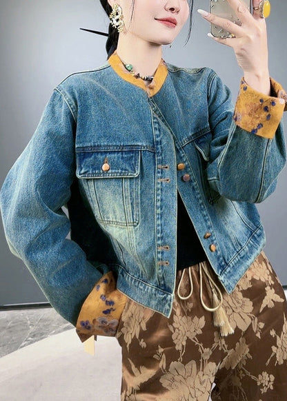 Loose Blue Button Pockets Patchwork Denim Coats Spring Qa1087