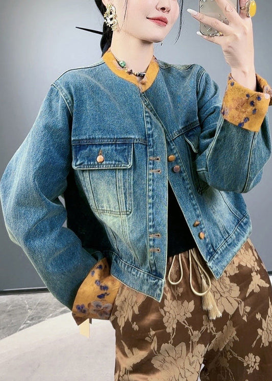 Loose Blue Button Pockets Patchwork Denim Coats Spring Qa1087