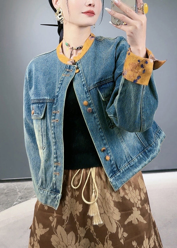 Loose Blue Button Pockets Patchwork Denim Coats Spring Qa1087