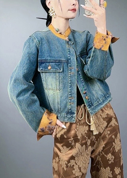 Loose Blue Button Pockets Patchwork Denim Coats Spring Qa1087