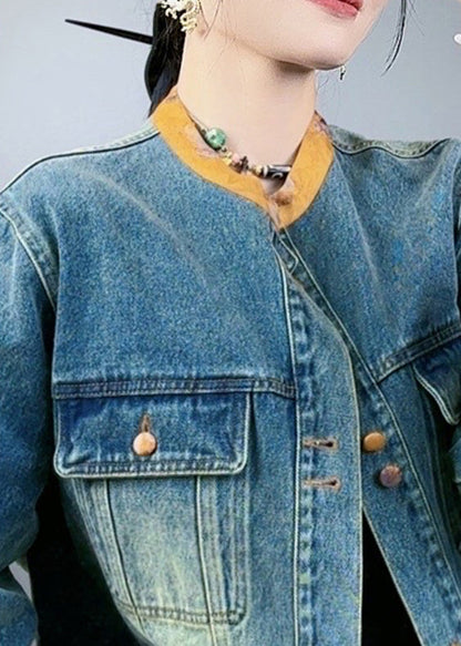 Loose Blue Button Pockets Patchwork Denim Coats Spring Qa1087