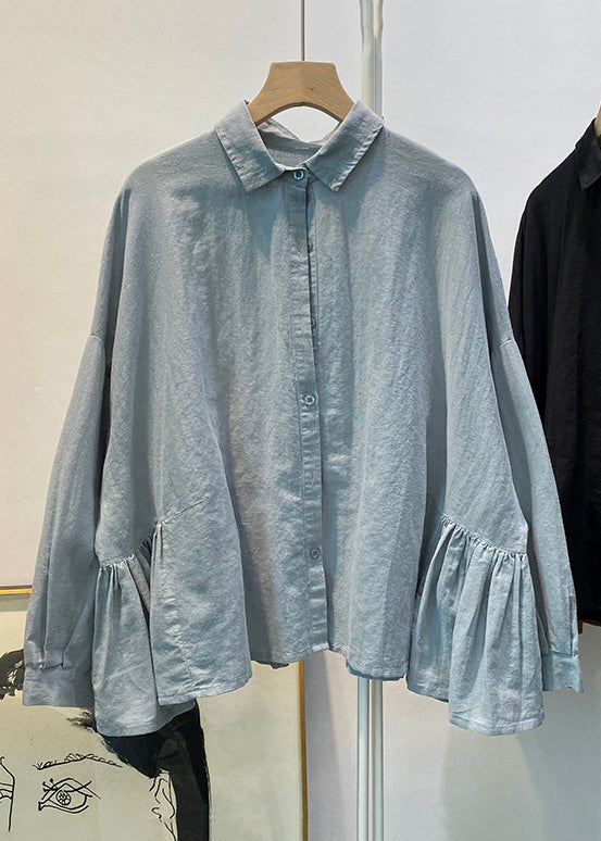 Loose Blue Button Wrinkled Cotton Blouses Spring Td030