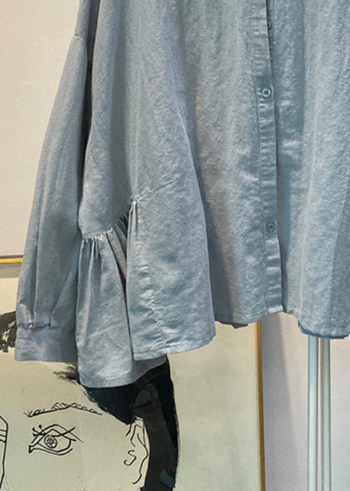Loose Blue Button Wrinkled Cotton Blouses Spring Td030