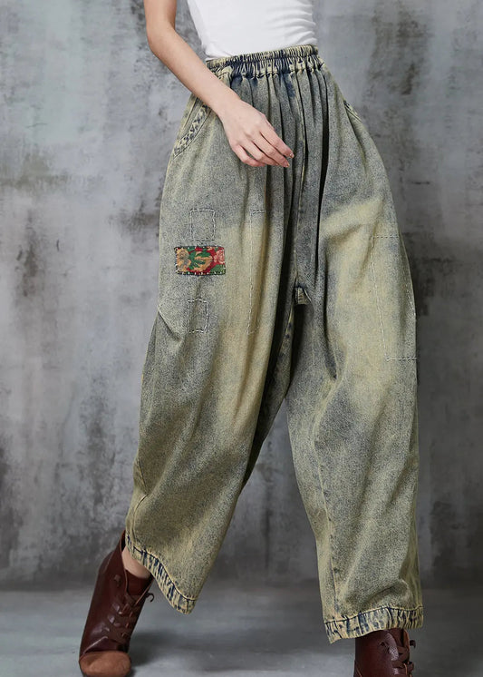 Loose Blue Elastic Waist Patchwork Applique Denim Pants Spring F4192