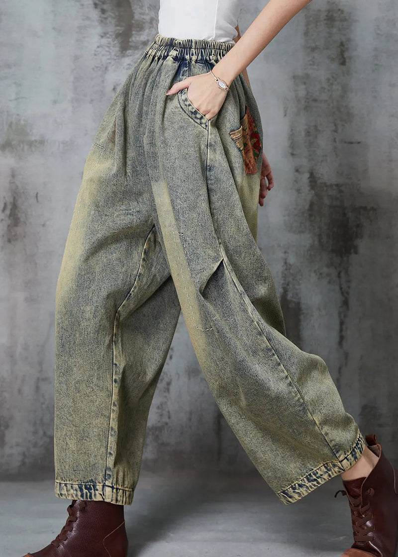 Loose Blue Elastic Waist Patchwork Applique Denim Pants Spring F4192
