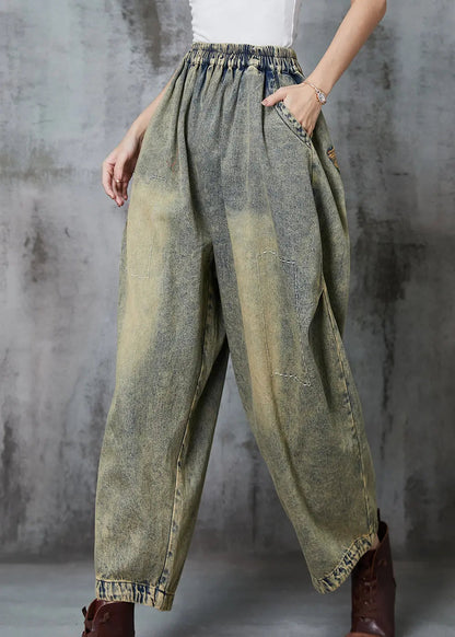 Loose Blue Elastic Waist Patchwork Applique Denim Pants Spring F4192