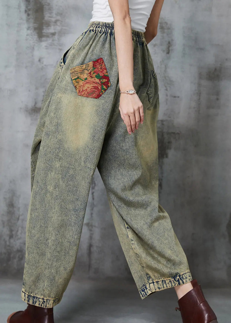 Loose Blue Elastic Waist Patchwork Applique Denim Pants Spring F4192