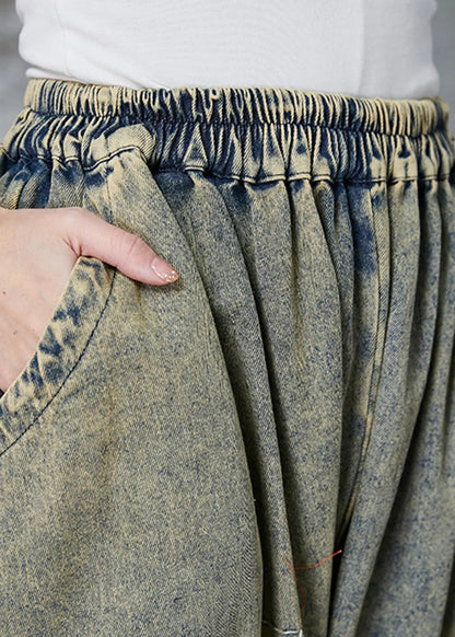 Loose Blue Elastic Waist Patchwork Applique Denim Pants Spring F4192