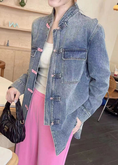 Loose Blue Embroidered Button Denim Coats Long Sleeve Qa1094