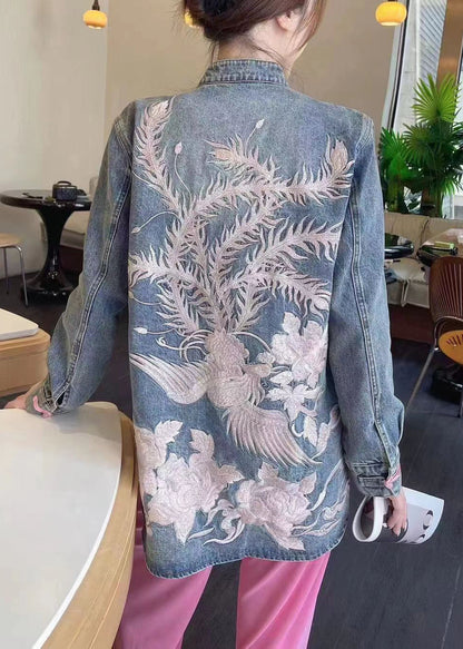 Loose Blue Embroidered Button Denim Coats Long Sleeve Qa1094