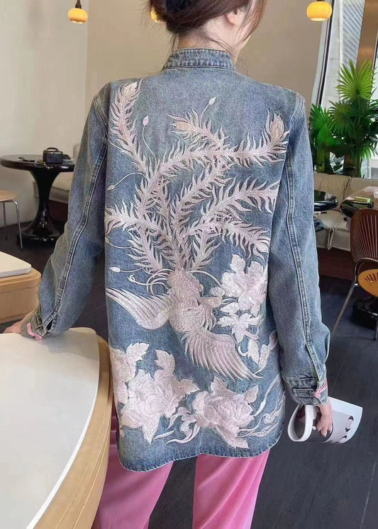 Loose Blue Embroidered Button Denim Coats Long Sleeve Qa1094