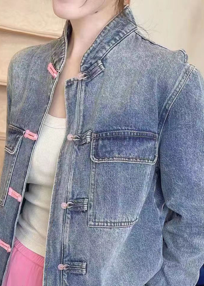 Loose Blue Embroidered Button Denim Coats Long Sleeve Qa1094