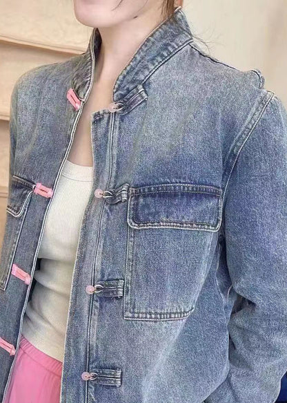 Loose Blue Embroidered Button Denim Coats Long Sleeve Qa1094