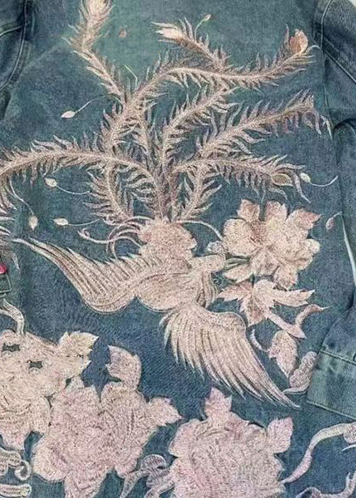 Loose Blue Embroidered Button Denim Coats Long Sleeve Qa1094