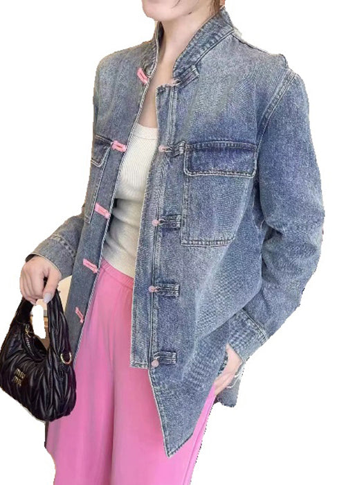 Loose Blue Embroidered Button Denim Coats Long Sleeve Qa1094