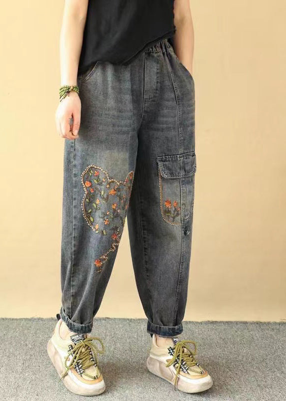 Loose Blue Embroidered Pockets Elastic Waist Denim Pants Spring Qq1018