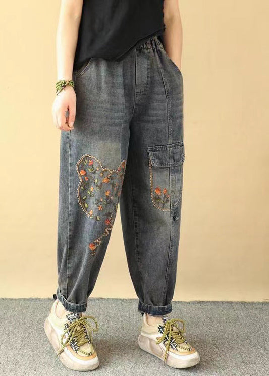 Loose Blue Embroidered Pockets Elastic Waist Denim Pants Spring Qq1018