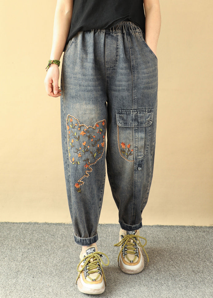 Loose Blue Embroidered Pockets Elastic Waist Denim Pants Spring Qq1018