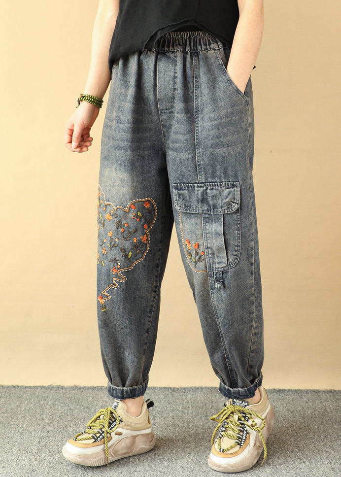 Loose Blue Embroidered Pockets Elastic Waist Denim Pants Spring Qq1018