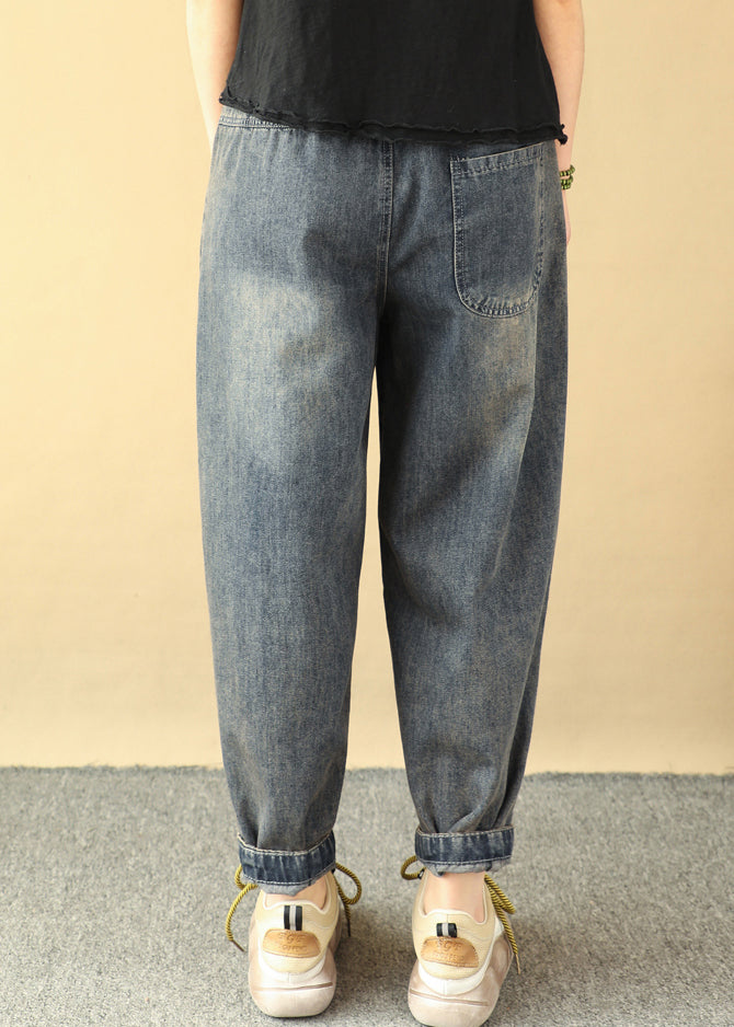 Loose Blue Embroidered Pockets Elastic Waist Denim Pants Spring Qq1018