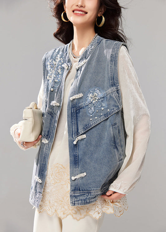 Loose Blue Nail Bead Button Pockets Denim Waistcoat Sleeveless Ac1020
