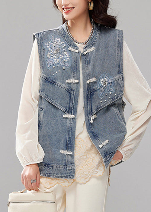 Loose Blue Nail Bead Button Pockets Denim Waistcoat Sleeveless Ac1020